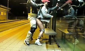 Quick venturesome copulation on public bus stop, squirting orgasm with the addition of cum in my mouth & more.. Dada Deville