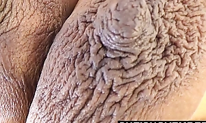 Brown complexion skin girl with pretty large dark nipples and huge areolas boobies squeezed rough thither slow motion while laying on her team up big breasts drooping perspective fish for msnovember